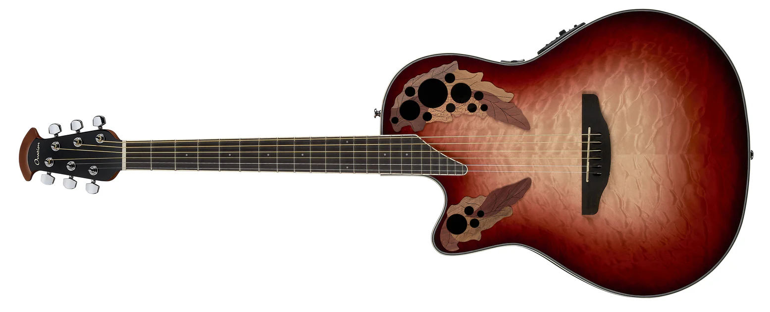 Ovation Celebrity Elite Exotic Left Handed Acoustic / Electric Guitar, Quilt Maple Ruby Red / Natural Burst CE44LX-1R
