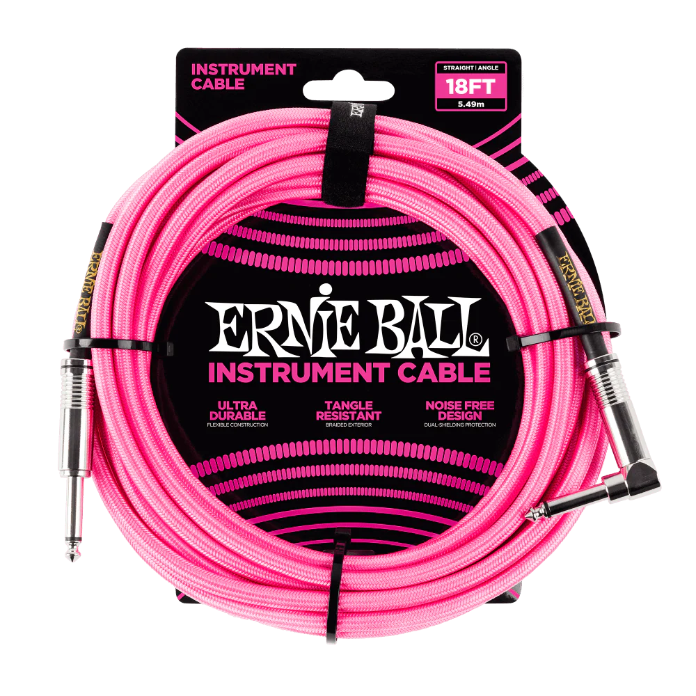 ERNIE BALL 18' BRAIDED STRAIGHT / ANGLE INSTRUMENT CABLE - NEON PINK P06083