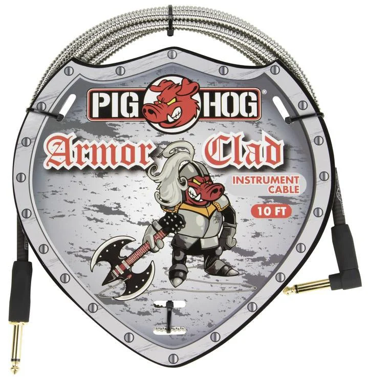 PIG HOG "ARMOR CLAD" INSTRUMENT CABLE, 10FT RIGHT ANGLE