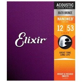 ELIXIR STRINGS NANOWEB Light Coated Acoustic Guitar Strings 12-53 80/20 Bronze