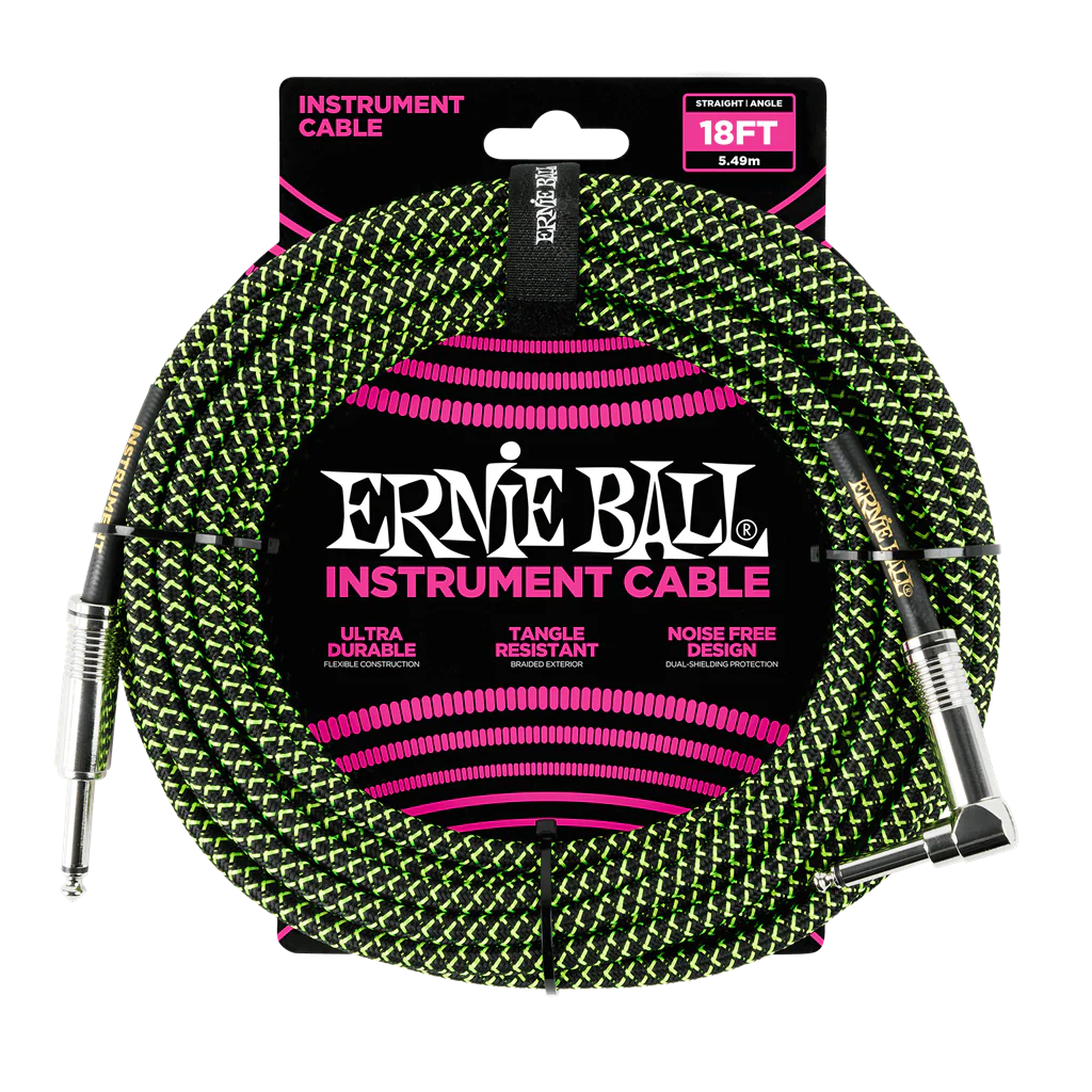 Ernie Ball Angled Guitar Cable Black/Green - 18 Ft